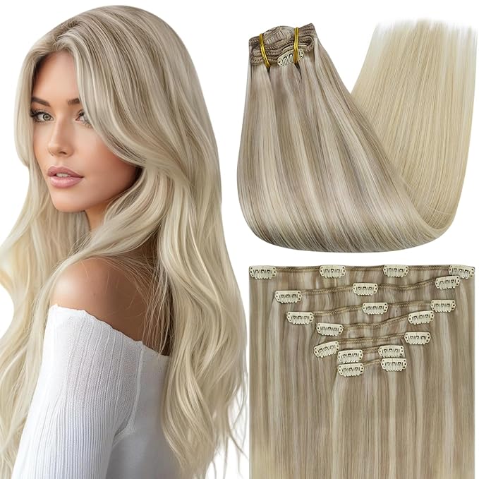 Full Shine Balayage Blonde Clip in Hair Extensions Remy Clip in Extensions Color 18 Ash Blonde to 22 and 60 Platinum Human Hair Extensions Double Weft 18 Inch 120 G 7 Pcs