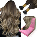 YoungSee Itip Human Hair Extensions Balayage I Tip Hair Extensions Ombre Dark Brown with Ash Blonde I Tips Hair Extension Real Human Hair 80s 50g I-Tips Extension Silky Straight 16Inch