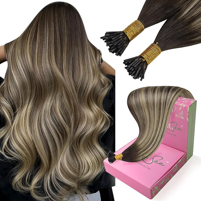 YoungSee Itip Hair Extensions Real Human Hair Balayage I Tip Extensions Ombre Dark Brown with Ash Blonde I Tip Human Hair Extension 22 Inch Itips Remy Human Hair Extension for Girls 50s 50g