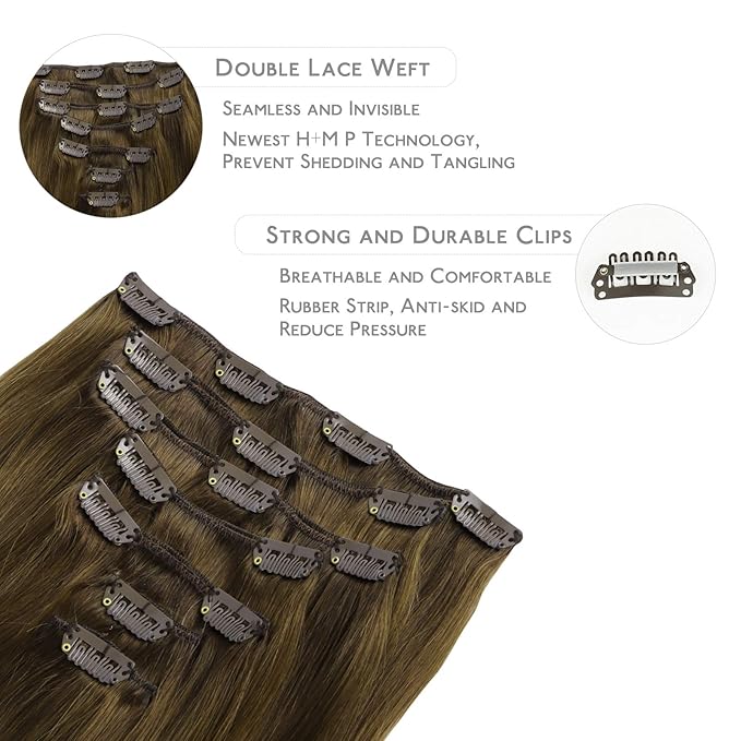 WENNALIFE Clip in Hair Extensions Real Human Hair, 16 Inch 120g 7pcs Ombre Walnut Brown to Ash Brown and Bleach Blonde Clip in Human Hair Remy Clip in Hair Extensions Real Human Hair Double Weft