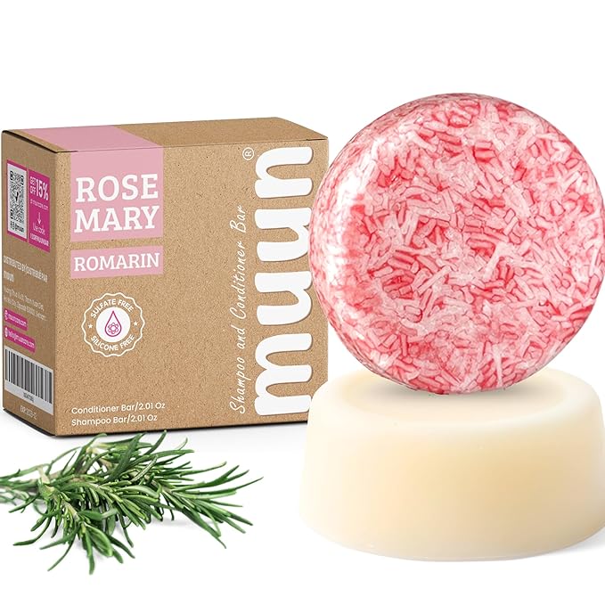 Muun Rosemary Shampoo and Conditioner Bar - Strengthening & Volumizing Solid Soap Bars, Clarifying Shampoo For Oily Hair & Scalp, pH Balanced, Sulfate & Silicone Free