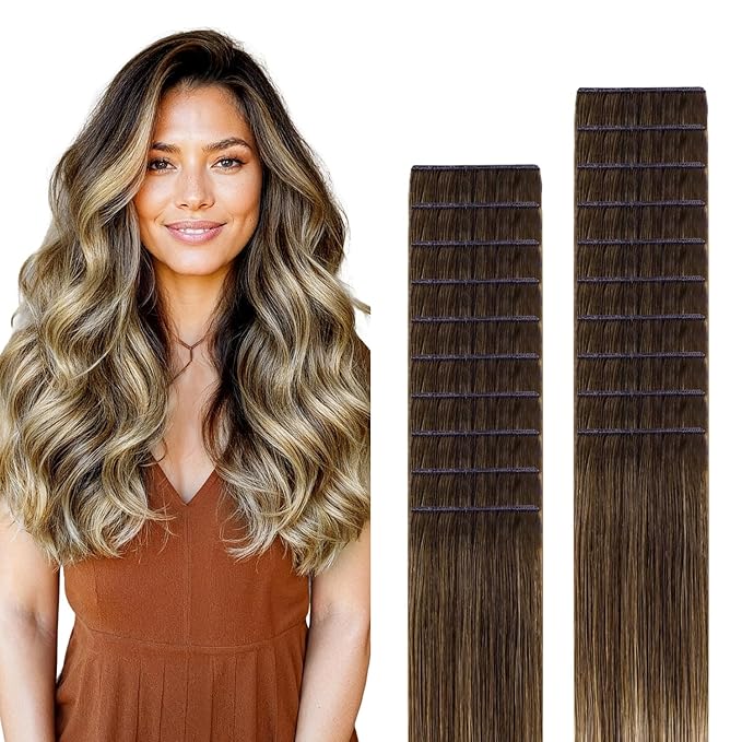 GOO GOO Genius Tape in Hair Extensions, Hand Tied Tape Weft, 4/27/4 Balayage Chocolate Brown to Caramel Blonde, 18inch 50g 20pcs, Remy Human Hair, Seamless Invisible Tape, Natural Blend, Lightweight