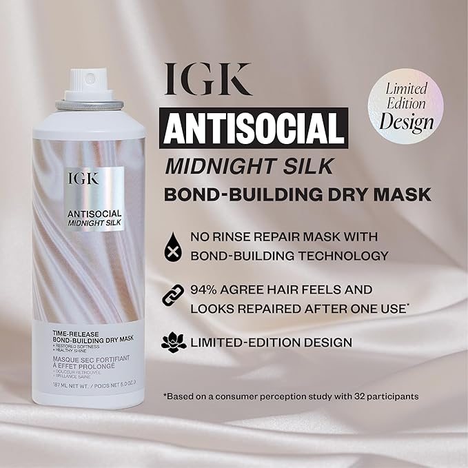 IGK Antisocial Midnight Silk Bond-Building Dry Hair Mask – No-Rinse Leave-In Treatment with Vegan Silk Protein – Limited Edition Design, 5 oz