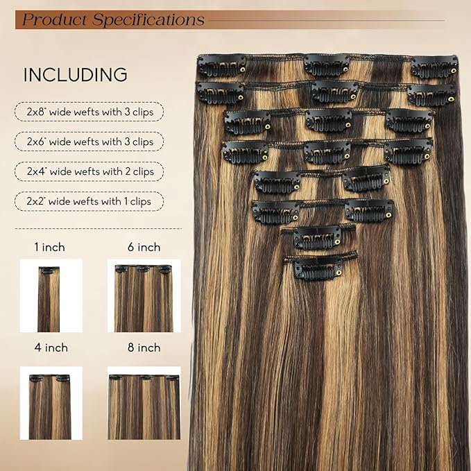 Clip in Hair Extensions Real Human Hair 24inch 8pcs 120g Seamless Balayage Dark Brown Hair Extensions Clip Ins Double Weft Dark Brown Highlight Chestnut Brown Invisible Straight Remy Human Hair