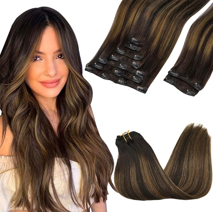 GOO GOO Clip in Hair Extensions Real Human Hair, Remy Human Hair Extensions Clip ins for Women, Natural Human Hair, 24inch 150g 9Pcs, #2/6/2 Balayage Dark Brown to Chestnut Brown