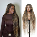Human Hair Boho Curls Hand-Tied HD Full Lace Wig - 36" Salon-Level Small Box Synthetic Braids (100 Braids, High Density) Pre-Cut Swiss HD Lace, Pre-Plucked, Tangle-Free - 1B/27 Honey Blond