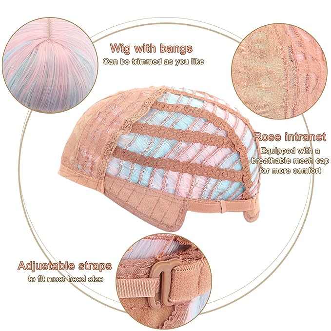 FAELBATY Mix Pink Wave Bob Wigs With Bangs Synthetic Cosplay Wig for Girl Shoulder Length Wig for Women Costume Wigs Candy Color(12" Mixed Blue Pink)
