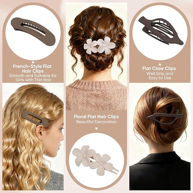 10 Pcs French Flat Hair Clips for Women, 3 Styles Flat Claw Clips for Thin Thick Hair, Strong Hold Hair Accessories