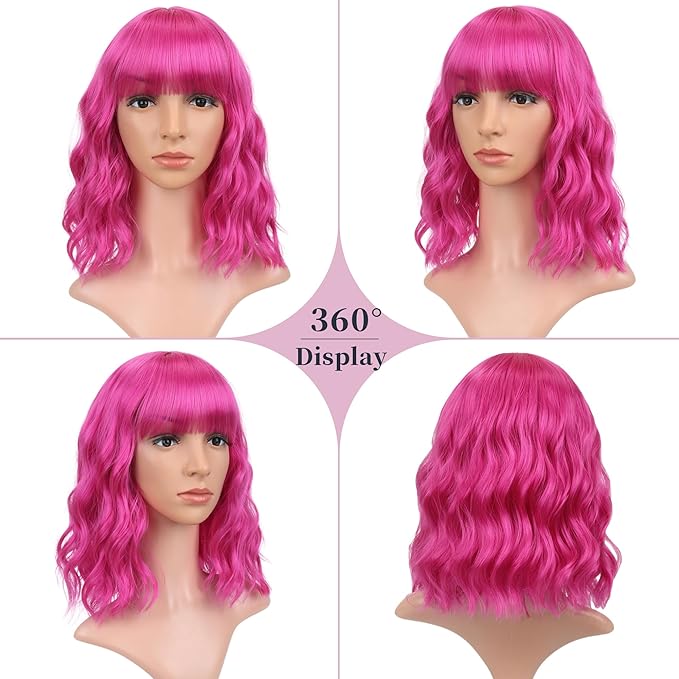 FAELBATY Short Curly Wavy Hot Pink Wigs with Air Bangs Shoulder Length Wig for Women Synthetic Halloween Cosplay Costume for Girl (12" Hot Pink)