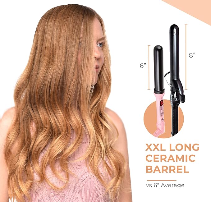 Le Angelique 1.5 Inch Curling Iron with Clip - Professional 8" Extra Large Barrel for Big Long Hair | 1 1/2" 38mm Jumbo Wide Thick Ceramic Curler Wand | Adjustable Temperature | Dual Voltage