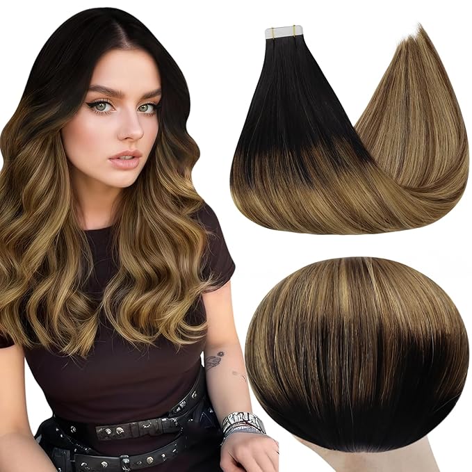 Full Shine Tape in Hair Extensions Human Hair Invisible Tape ins Extensions 12 Inch Skin Weft Tape ins Human Hair Extensions Color 1B Fading to 6 And 27 Blonde Human Hair Extension 20 Pcs 30 Gram