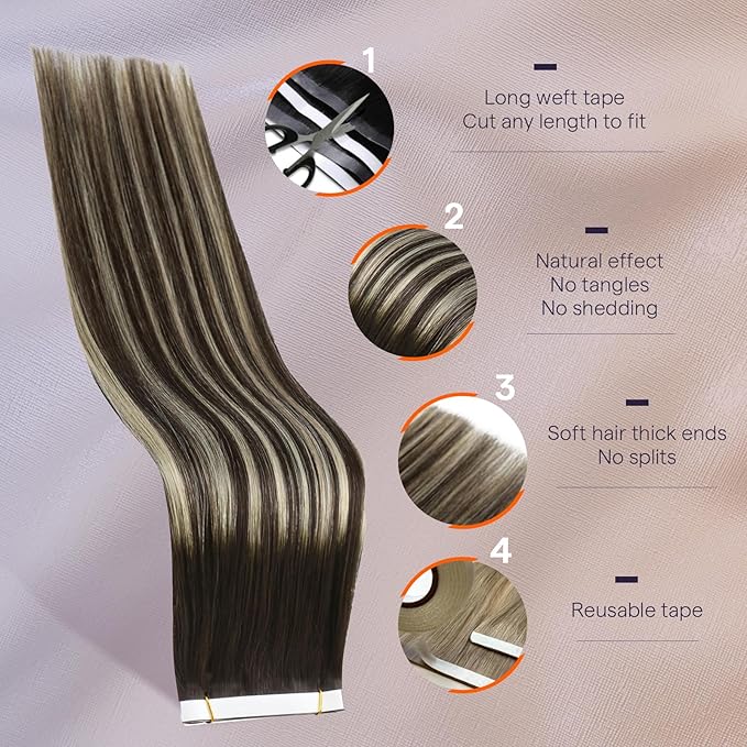 Full Shine Tape in Weft Hair Extensions Human Hair Color 2/60/2 Brown And Blonde Balayage Long Weft Wide Remy Invisible Tape in Human Hair Extensions for Women 22Inch 50G One Piece for Casual Outings