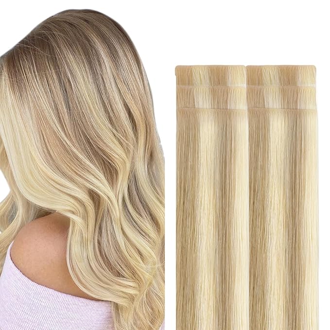 GOO GOO Invisi Edge Tape in Hair Extensions Human Hair, 18A/613A Dark Blonde Highlighted Bleach Blonde, 6pcs 16inch 15g, Virgin Remy Hair, Seamless Injected Tape, Natural Look
