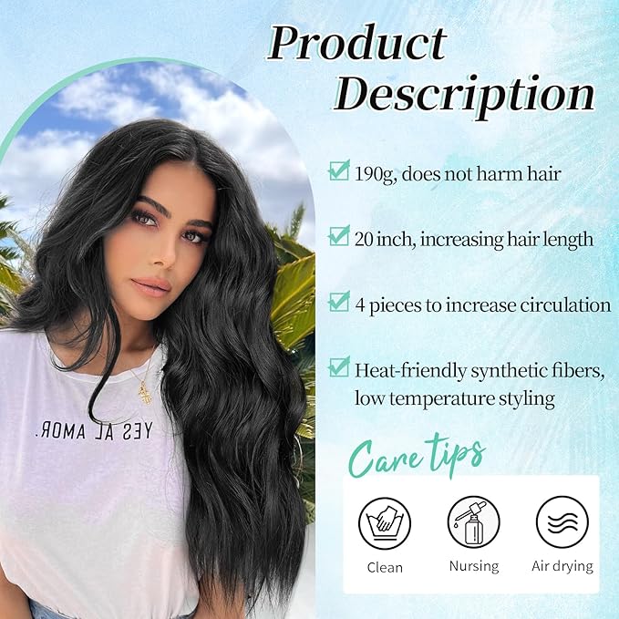 KooKaStyle Clip in Synthetic Hair Extensions Long Wavy 4PCS Thick Hairpieces Black Fiber Double Weft Natural Hair Extensions 16 Inch for Women