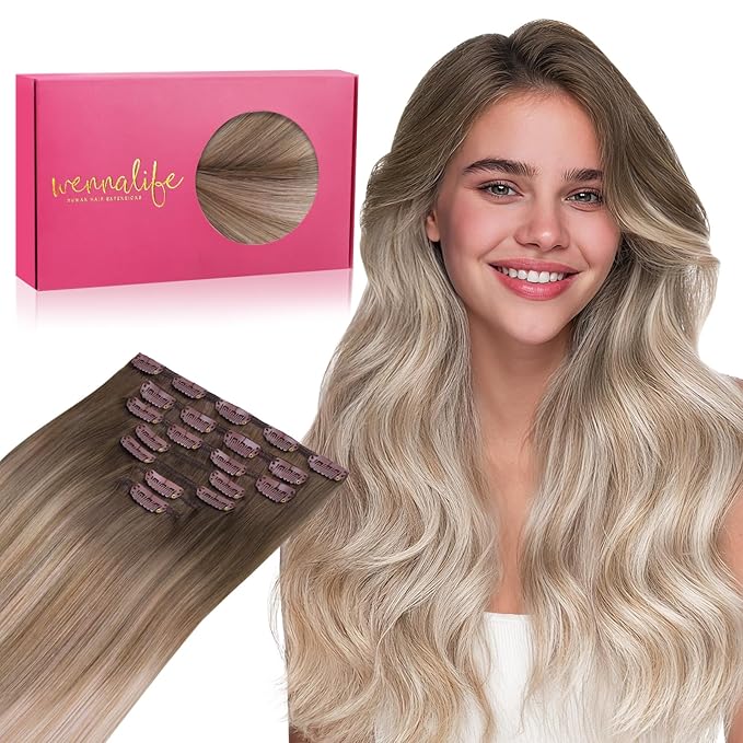 WENNALIFE Clip in Hair Extensions Real Human Hair, 22 Inch 120g 7pcs Balayage Sandy Brown to Platinum Blonde Remy Hair Natural Double Weft