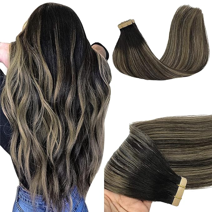 GOO GOO Tape in Hair Extensions Human Hair, 1B/19/1B Natural Black to Light Blonde, 26inch 60g 20pcs, Skin Weft Seamless Invisible, Silky Straight with Thick Ends, Remy Human Hair