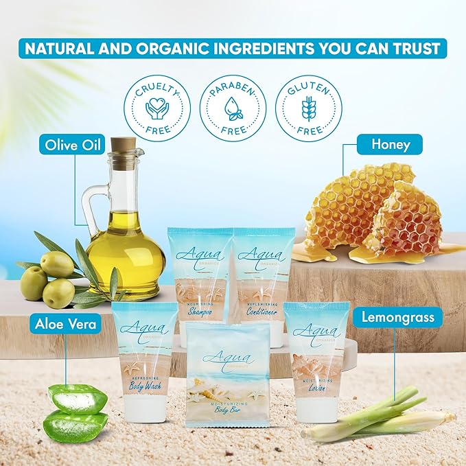 | Aqua Organics Hotel Soaps and Toiletries Bulk Set | Amenities for Hotels & Airbnb | 1oz Hotel Shampoo & Conditioner, Body Wash, Body Lotion & 1oz Bar Soap Travel Size | 5 Pieces