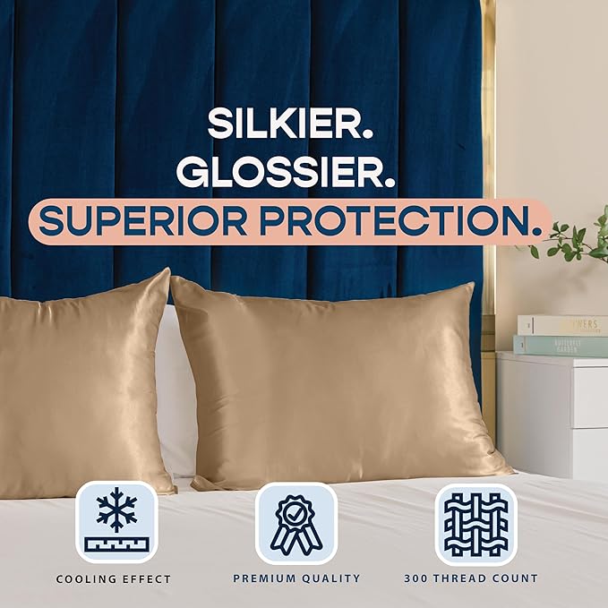 BLISSFORD Satin Pillowcase with Zipper, for Hair and Skin Care, Feels Soft and Cool Like a Silk Pillowcase, Beige Satin Pillow Cases 2 Pack, Slik Pillow Cover, Standard Size, Set of 2