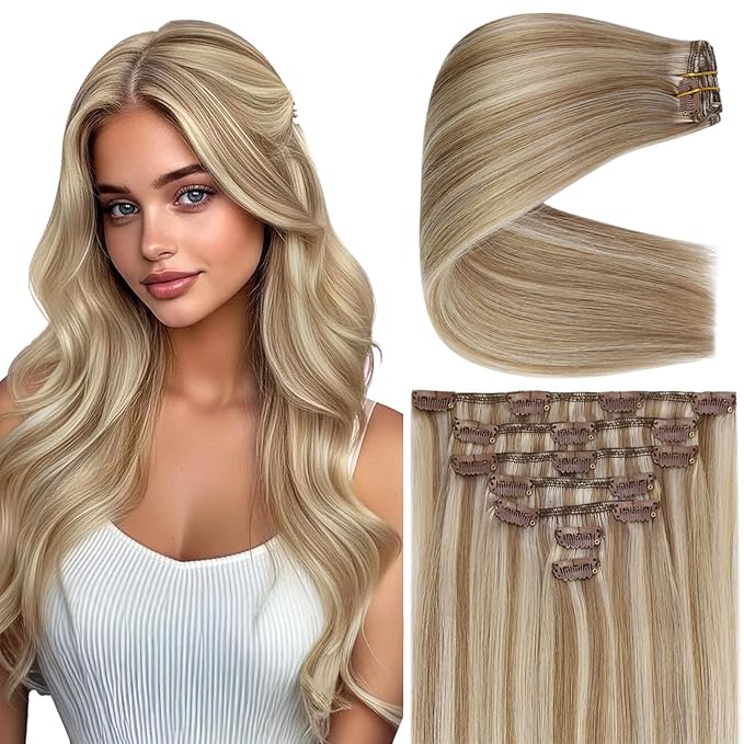 Ve Sunny 24 inch Hair Extensions Clip in Lightest Brown mit Platinum Blonde Clip in Hair Extensions Real Human Hair Remy Hair Extensions Clip ins for Women 120g