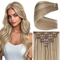 Ve Sunny Clip in Hair Extensions Highlights Human Hair Clip in Extensions Dark Ash Blonde Highlights Light Blonde Hair Extensions Clip ins Short Straight Flexible Hair for Women 7pcs 14inch 100g