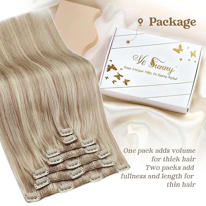 Ve Sunny Clip in Hair Extensions Real Human Hair Blonde Highlight Warm Color Remy Hair Clip on Hair Extensions for Women Short 5pcs 80g 12 inch