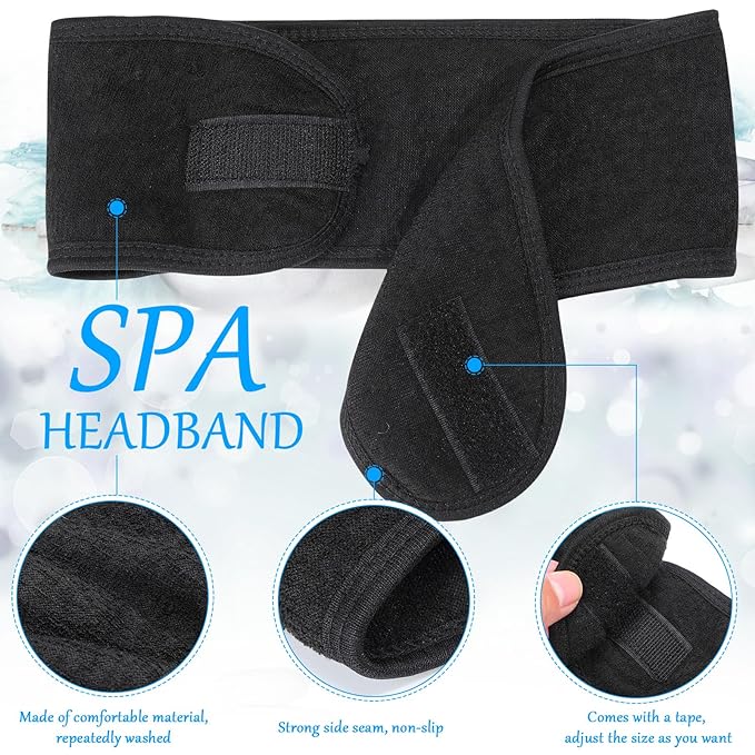 Hoteam 30 Pack Spa Headband Facial Esthetician Hair Wrap for Women Adjustable Makeup Sports Shower Stretch Towel with Tape(Black)