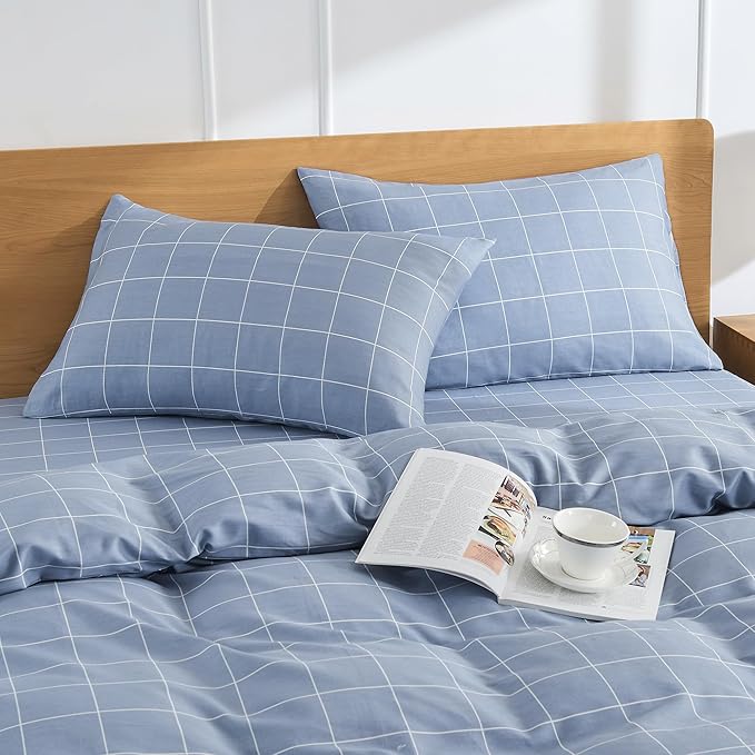 JELLYMONI 100% Natural Cotton Plaid King Pillowcases Set, 2 Pack Blue Checkered Pattern Printed Pillow Covers with Envelope Closure (Pillows are not Included)