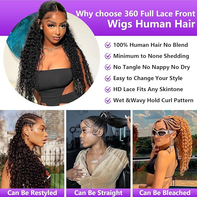 360 Deep Wave Lace Front Wigs Human Hair 200% Density 360 HD Lace Front Wigs Deep Wave Pre Plucked with Baby Hair Curly Human Hair Wig with Adjustable Straps for Women (26 Inch)