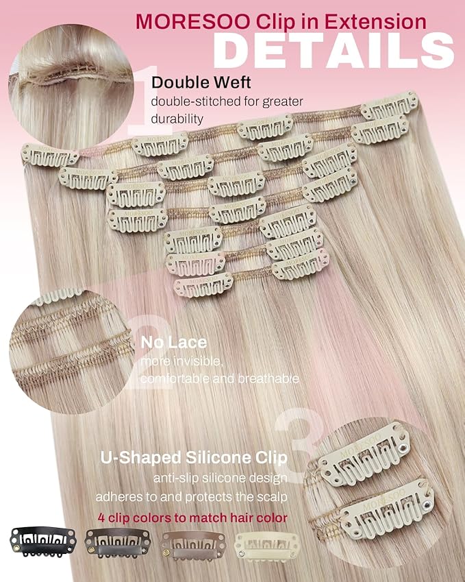 Moresoo Human Hair Clip in Extensions Blonde Highlights Clip ins Real Human Hair Ash Blonde with Bleach Blonde Remy 150g/7pcs 22 inch