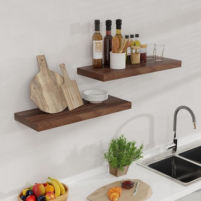 24 x 9 Floating Shelves, 9 Inch Deep Floating Shelf Wall Mounted, 24 Inch Bathroom Shelves Set of 2, Rustic Wood Wall Shelf for Bedroom, Living Room, Walnut Color