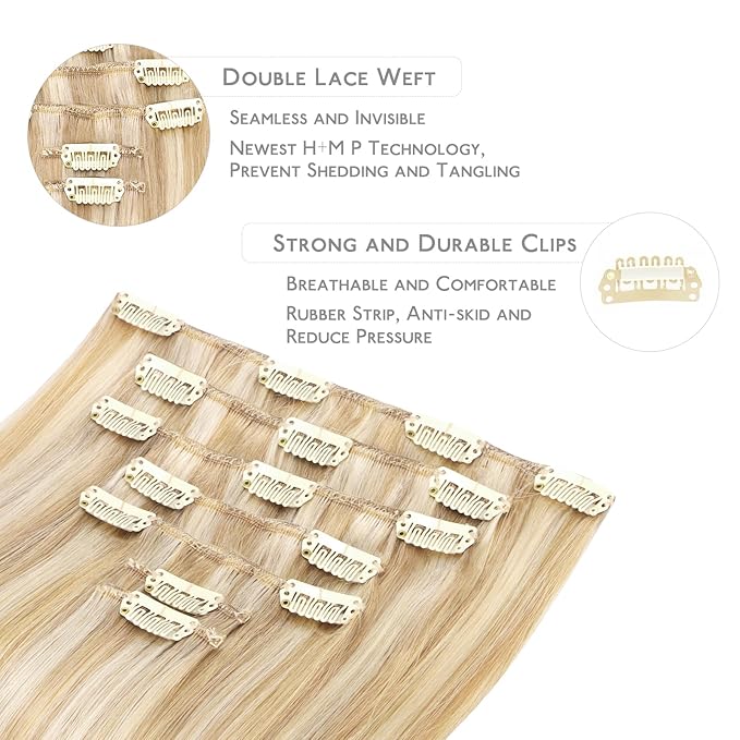 WENNALIFE Clip in Hair Extensions Human Hair 18 Inch 120g 7pcs Dirty Blonde Highlighted Bleach Blonde Hair Extensions Clip in for Women Real Human Hair Rallonge Cheveux Extensions