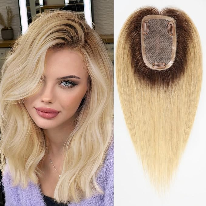 HAIRCUBE Hair Toppers 100% Real Human Hair,Ombre Light Blonde, 5.5"*4" MONO Large Base, 46g Hand-moven Real Human HairToppers for Women with ThinningHair