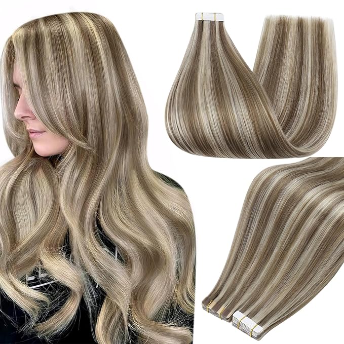 Full Shine Tape in Blonde Hair Extensions Tape in Extensions Human Hair Color 8 Ash Brown Highlighted 60 Platinum Blonde Seamless Hair Extensions Tape ins 50G Straight Remy Hair for Women 20Inch 20Pcs