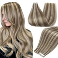 Full Shine Tape in Hair Extensions Human Hair Glue in Hair Extensions Color 8 Ash Brown Highlighted 60 Platinum Blonde Straight Hair 14 Inch Skin Weft Tape in Extensions 20 Pcs 50g