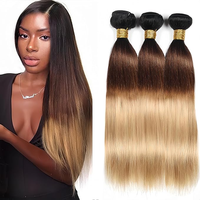 Ombre Bundles Human Hair Brown Straight Bundle Brazilian Virgin Remy Hair 3 Bundles 10 12 14 Inch Niegmeag Double Weft 3 Tone Brown and Honey Blonde Straight Bundle Hair Weave 300g