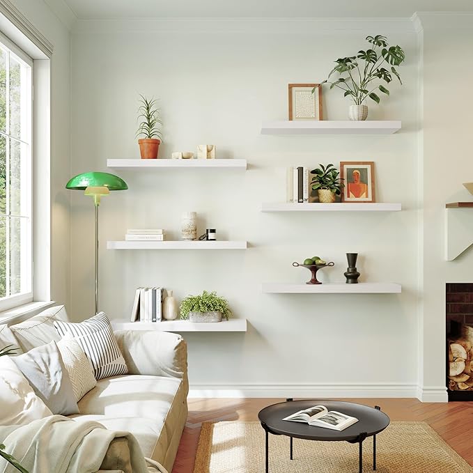 Large Floating Shelves for Wall Set of 2 Wooden Wall Shelves 24 in x 12.75 in x 2 in Room Decor Long Shelf with Invisible Wall Mount Bracket for Bedroom Kitchen Living Room White