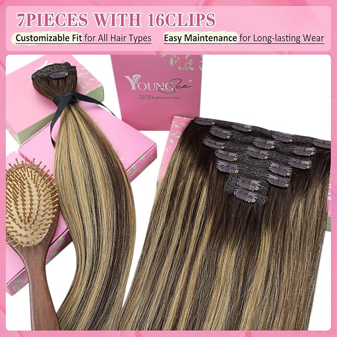 YoungSee Clip in Hair Extensions Real Human Hair Balayage Brown Hair Extensions Clip ins Balayage Chocolate Brown Mix Caramel Blonde Clip on Hair Extension Human Hair Silky Straight 120G 18Inch