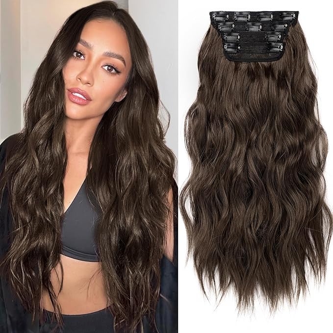 KooKaStyle Hair Extensions Long Wavy 4PCS Thick clip in hair extensions Hairpieces Chocolate Brown Fiber Double Weft Natural Synthetic Hair Extensions 20 Inch for Women