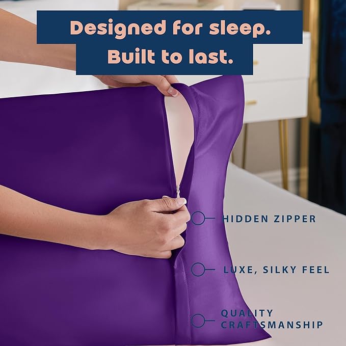 BLISSFORD Purple Satin Pillowcase with Zipper, for Hair and Skin Care, Feels Soft and Cool Like a Silk Pillowcase, Satin Pillow Cases 2 Pack, Slik Pillow Cover, Grape/Purple, King Size - Set of 2
