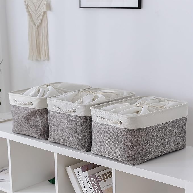 TheWarmHome Storage Baskets for Organizing, X Large - 3 Pack 17.7L×13.8W×9.8H in Foldable Storage Bins for Shelves, Fabric Storage Box for Closet Nursery Toy Gift (White & Grey)