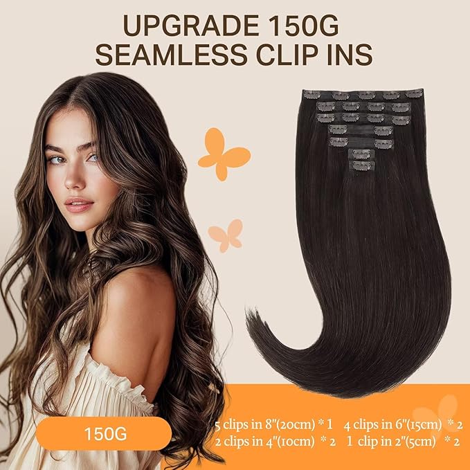 DOORES Clip in Hair Extensions, Dark Brown 130g 7pcs 16 Inch, Invisible Edge Clip Extensions Remy Weft for Women Silky Straight Weft