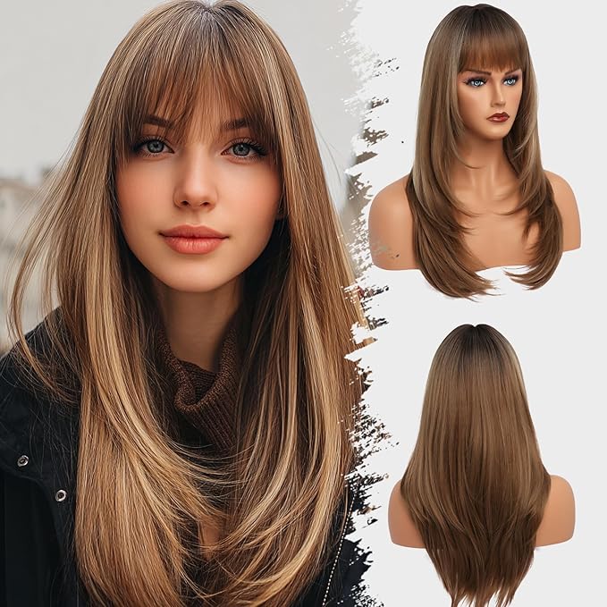 Ombre Light Brown Wig With Bangs Long Wavy Straight Wig with Layered Hair Synthetic Heat Resistant Wigs for Women Daily Party Use 26 Inches