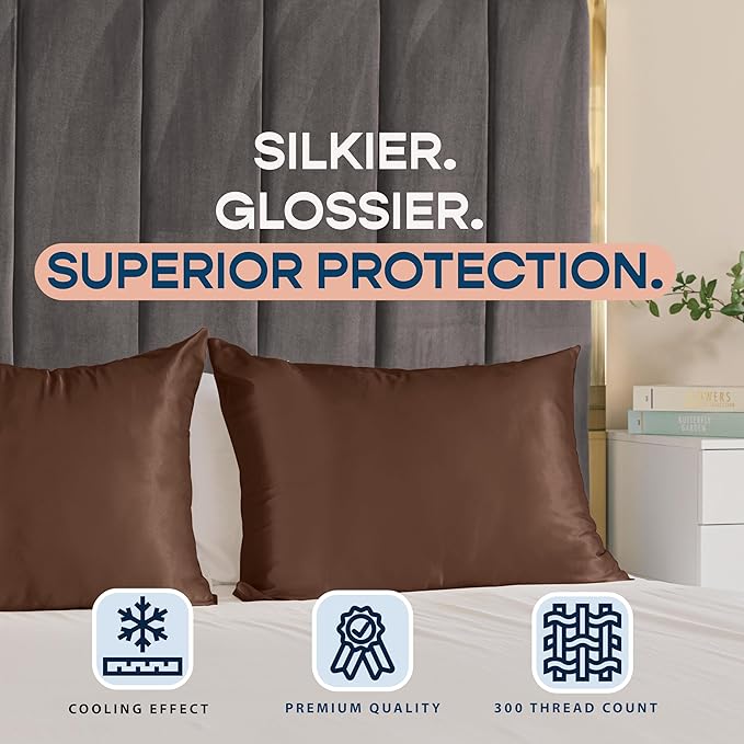 BLISSFORD Brown Satin Pillowcase with Zipper, for Hair and Skin Care, Feels Soft and Cool Like a Silk Pillowcase, Satin Pillow Cases 2 Pack, Slik Pillow Cover, Standard Size, Set of 2