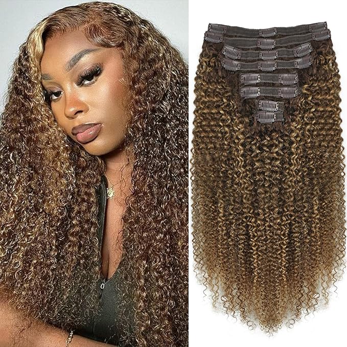 Kinky Curly Clip in Hair Extensions Real Human Hair 4/27/4 Omber Kinky Curly Clip ins For Women 3c 4a Brazilian Virgin Clip on Hair (26inch,#4/27/4)