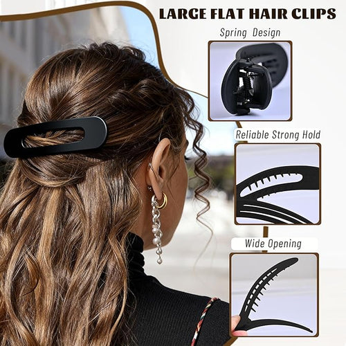 4 Pcs Flat Hair Clips for Women - Large Matte Flat Claw Clips for Thin Hair, Stylish Hair Accessories for Daily Styling（Matte Black)