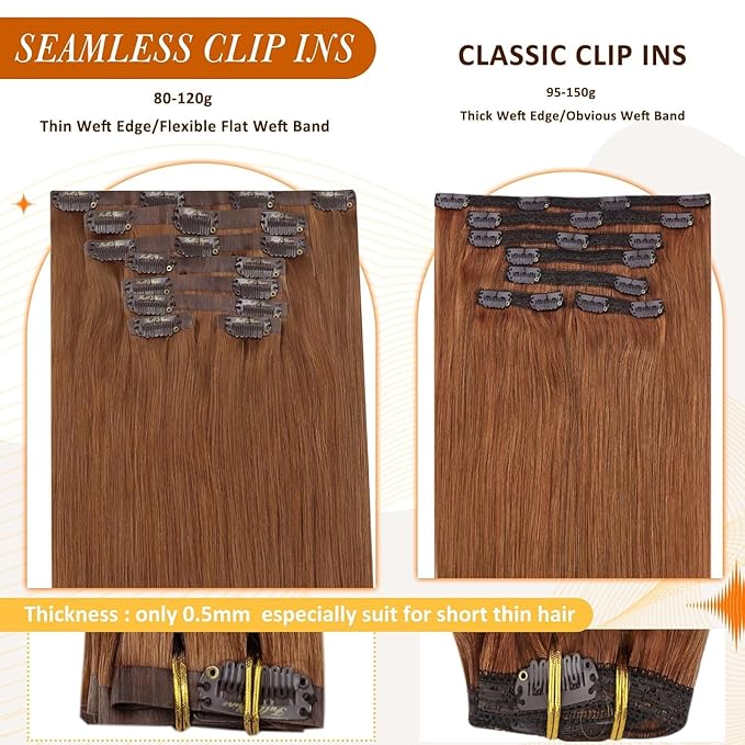Full Shine Seamless Human Hair Clip in Extensions Copper Seamless Clip in Hair Extension Real Human Hair 24 Inch Straight Clip ins for Women Add Volume 8 PCS 120 G