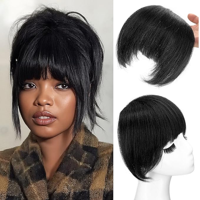 Yaki Straight Bangs Hair Extensions for Women Natural Black Synthetic Fringe with Temples Handmade Kinky Straight Bangs Hairpiece with 3 Clips in (1B)