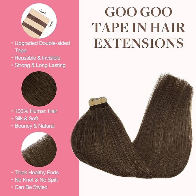 GOO GOO Tape in Hair Extensions Human Hair, 4A Chocolate Brown, 16inch 50g 20pcs, Skin Weft Seamless Invisible, Silky Straight with Thick Ends, Remy Human Hair