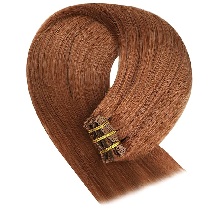 YoungSee Clip in Human Hair Extensions Copper Clip ins Hair Extensions Human Hair Light Copper Clip in Hair Extension Real Human Hair Ease of Use 16Inch 120g 7pcs