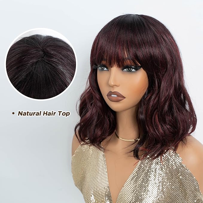 NOBLE Red Wig with Bangs for Women Short Colorful Wavy Bob Wig with Bangs Shoulder Length Ombre Wine Red Curly Wigs with Bangs Heat Resistant Synthetic Burgundy Colored Wigs for White Women